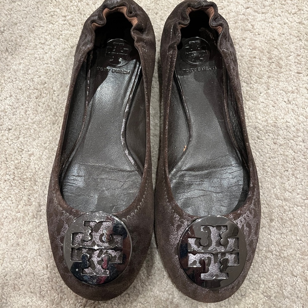 Tory Burch Dark Grey Flats with Logo Accent